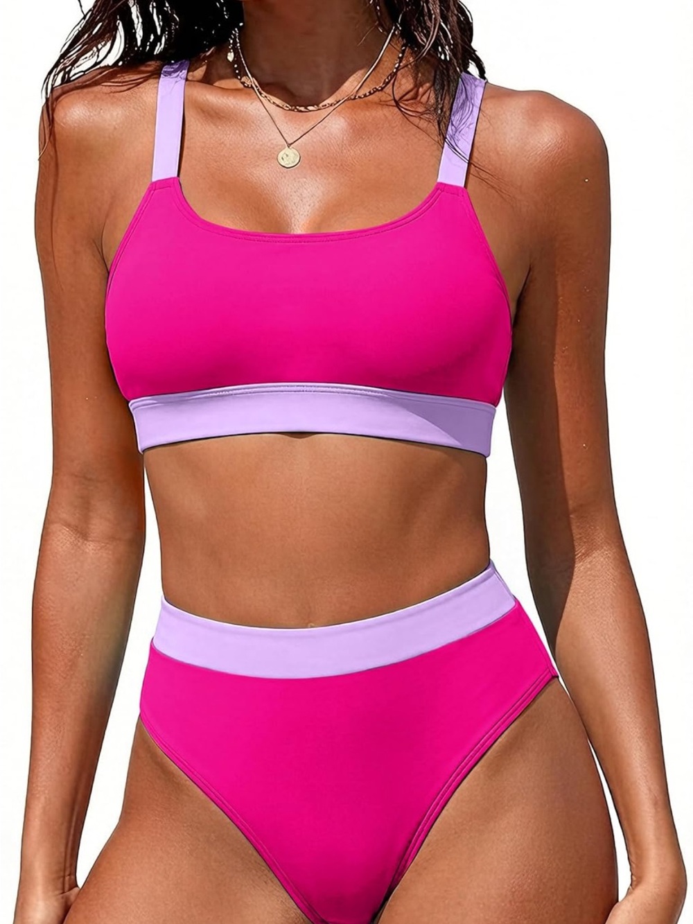 Hot Pink & Lavender Contrast High-Waist Bikini Set - Women Swim